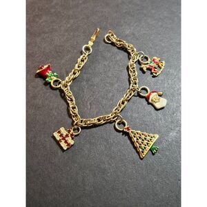 Vintage gold tone Christmas charm bracelet 7"